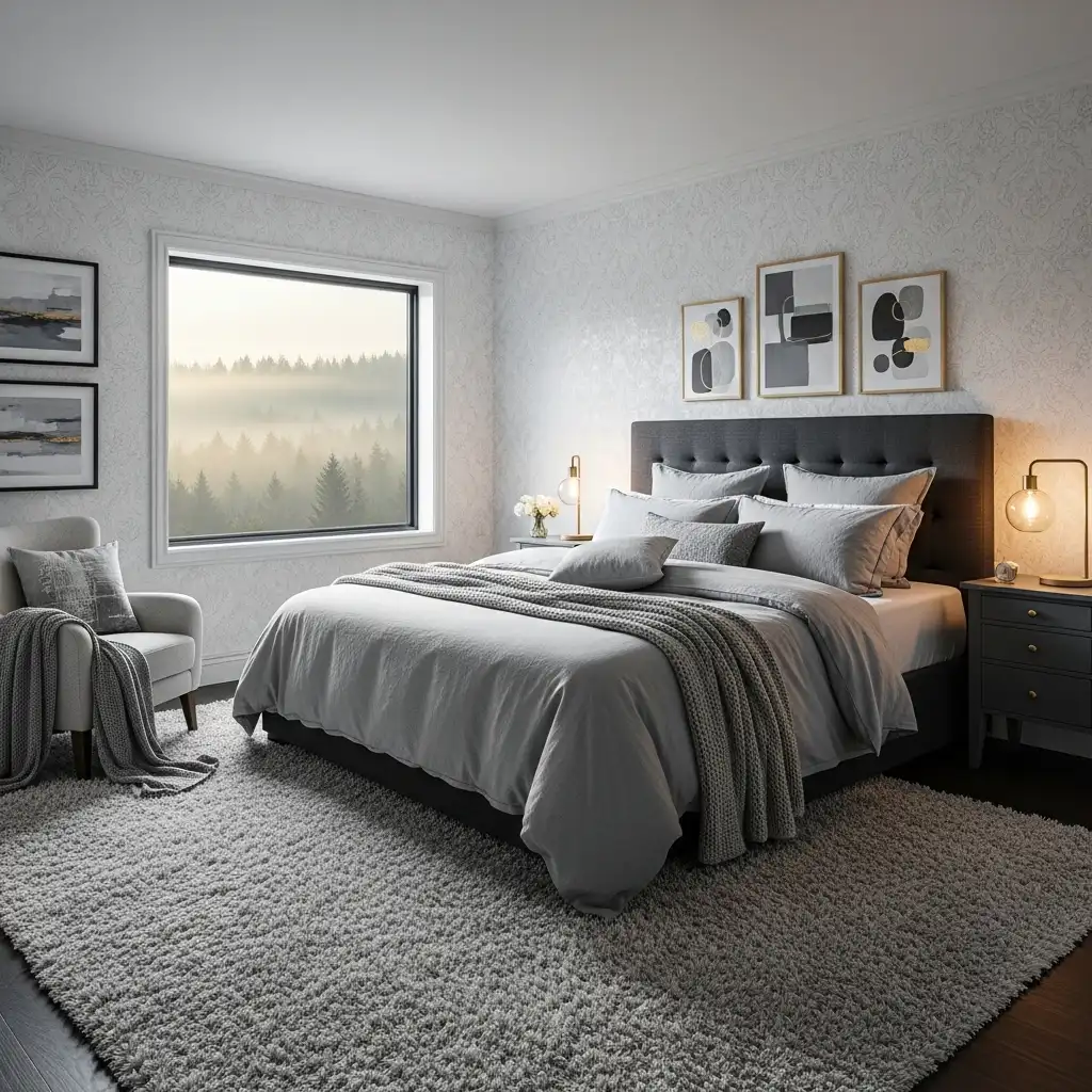 Wallpaper paired with grey tones