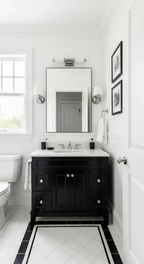 Compact Bathrooms Anchored by a Black and White Vanity