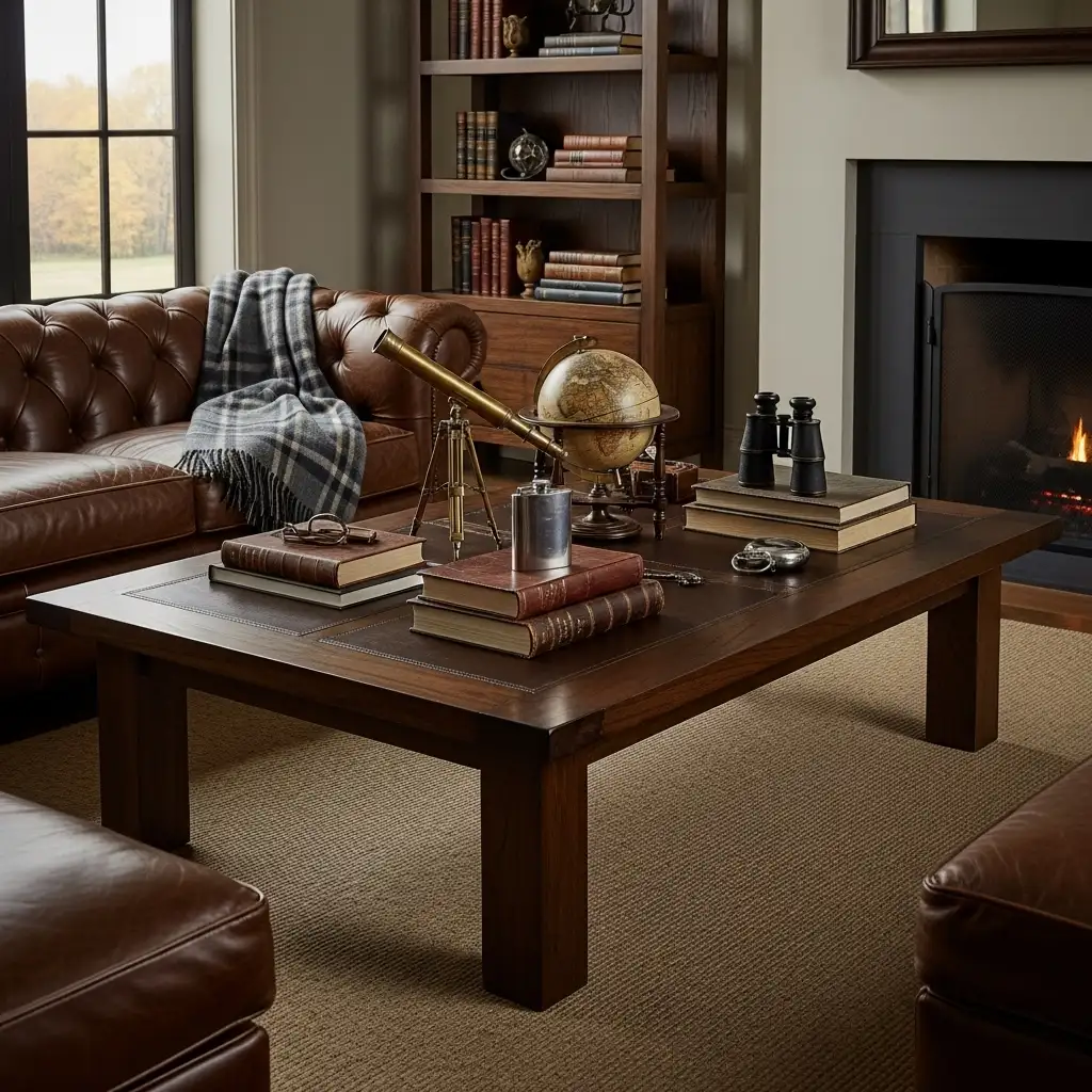 Leather topped wood coffee table