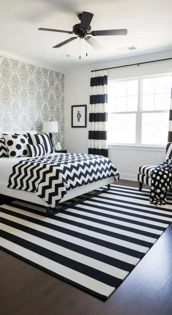 black and white patterns in bedroom