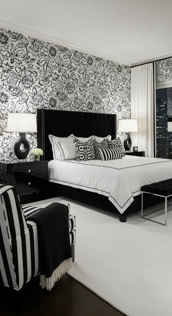 Bold Black and White Wallpaper in bedroom