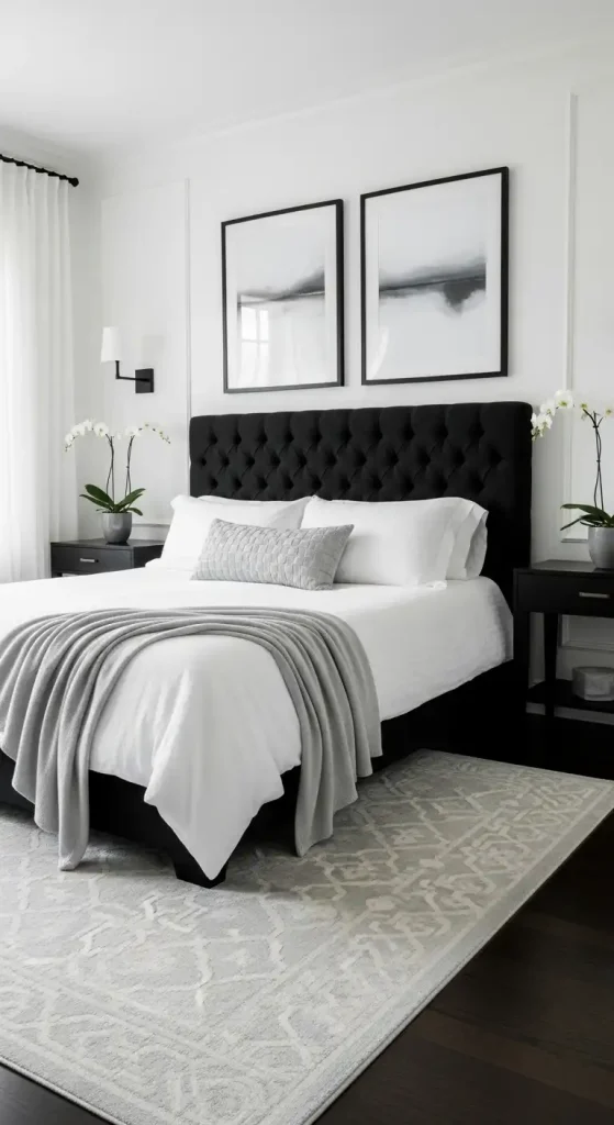 Touch of Gray for a Softer Feel in Black and white bedroom