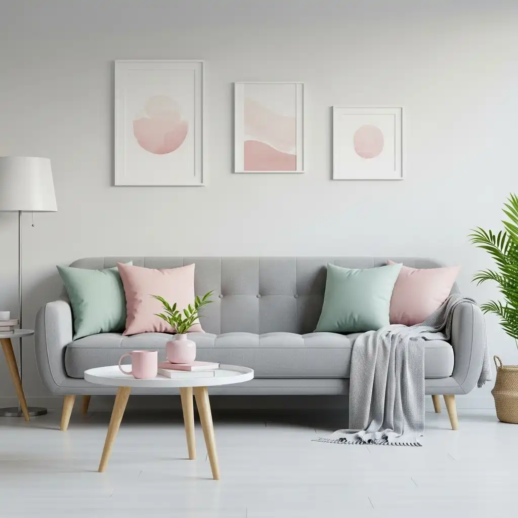 Grey Couch with Gentle Pastels