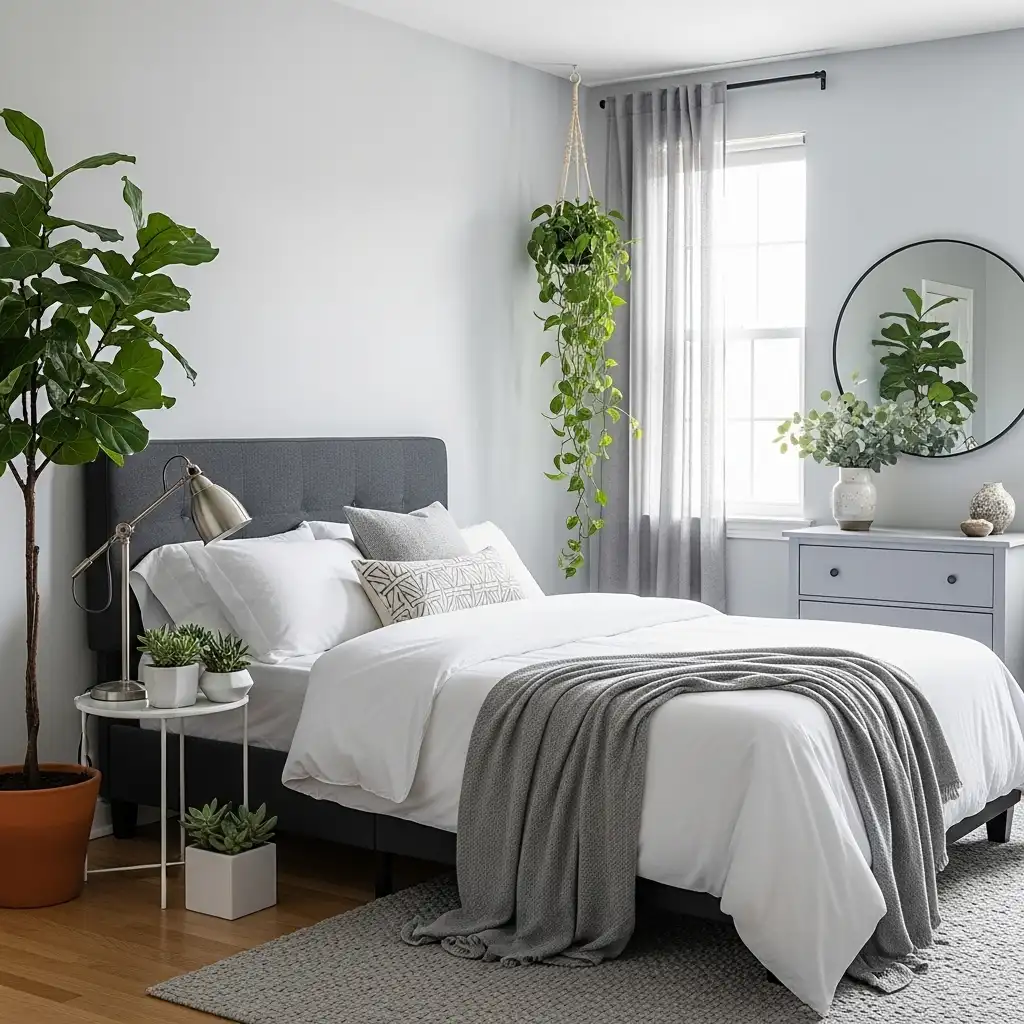 grey bedroom ideas Add Greenery