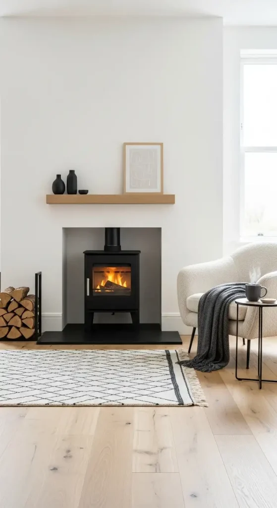 Wood Burning Stove Living Room High-Contrast Design