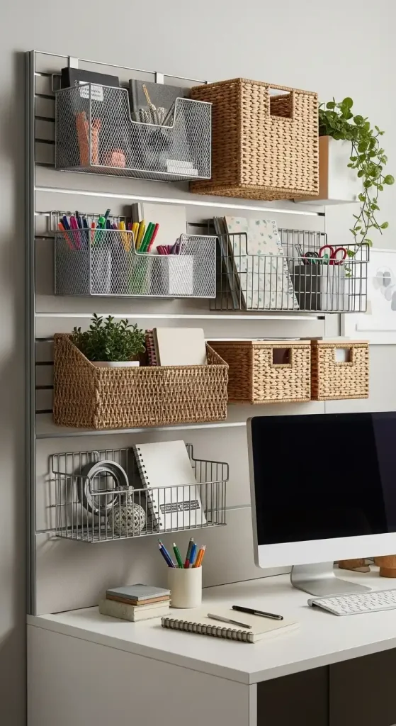 Create a Storage Wall with Bins and Baskets