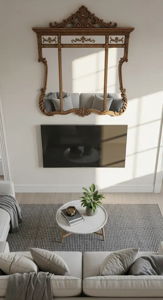 Decor Ideas Above TV in Living Room A Vintage Mirror