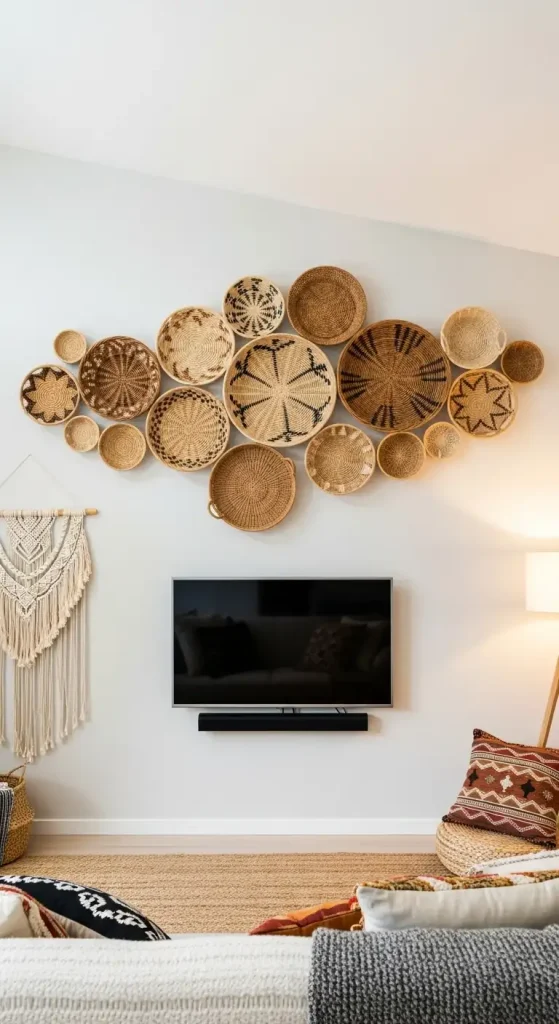 above Tv decor with Collection of Woven Baskets