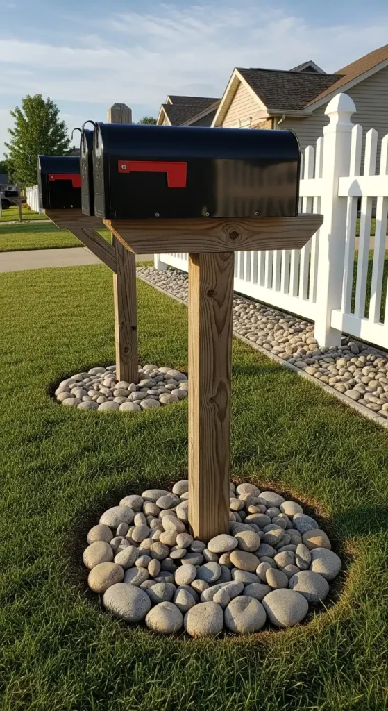 River Rocks Landscape Around Mailboxes and Posts