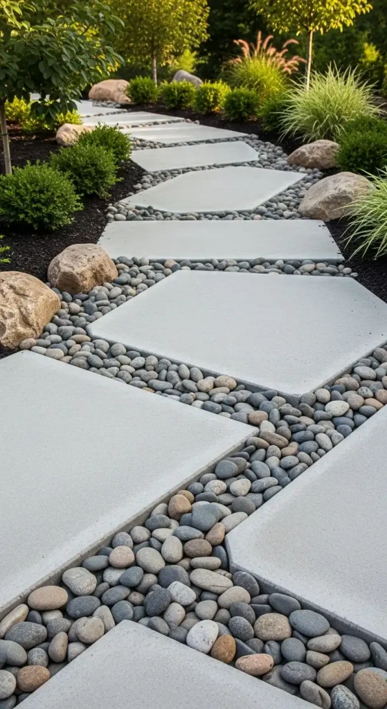 River Rocks Landscape Between Pavers and Concrete
