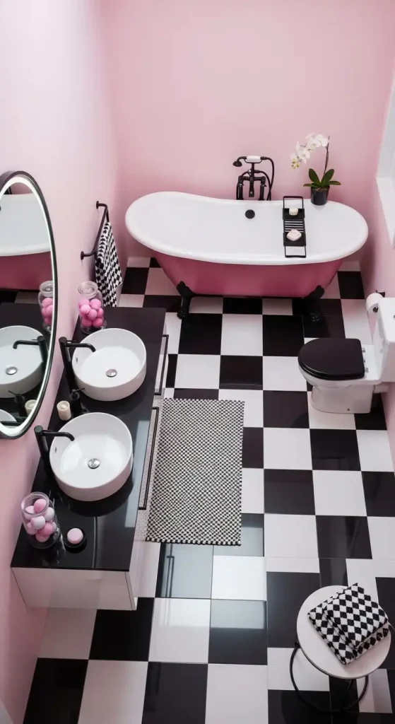 Pink Bathroom with Black and White Accents