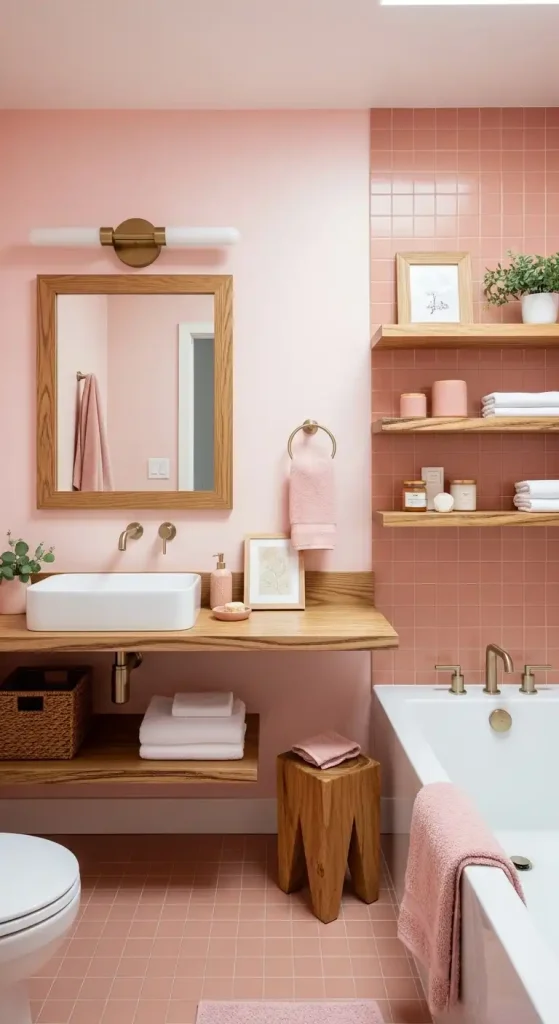 Pink Bathroom with Natural Wood