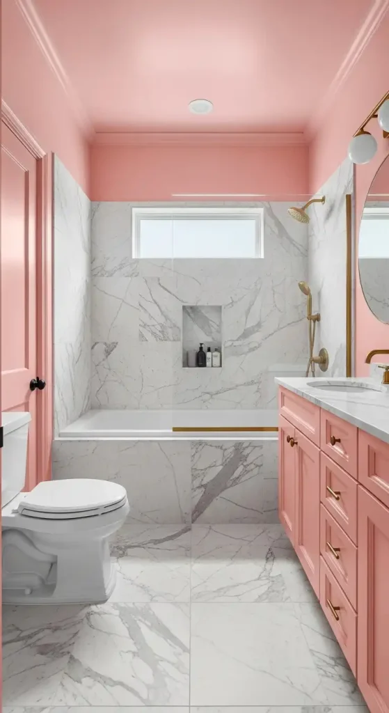Pink Bathroom with Marble Tile Accents