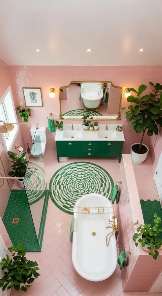 Pink Bathroom with Green Accents