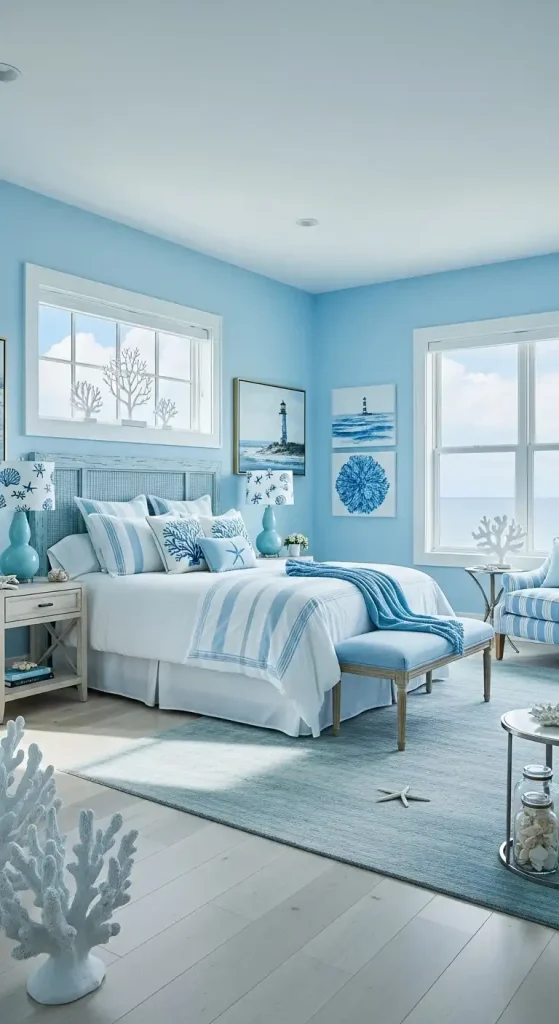 Coastal bedroom with sky blue walls