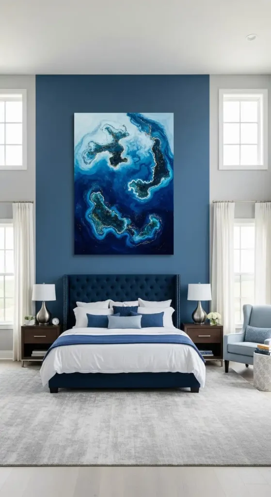 Blue bedroom with accent wall