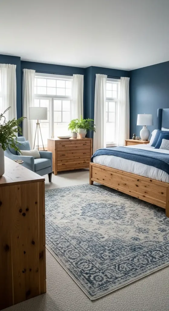 Blue bedroom featuring natural wood tones