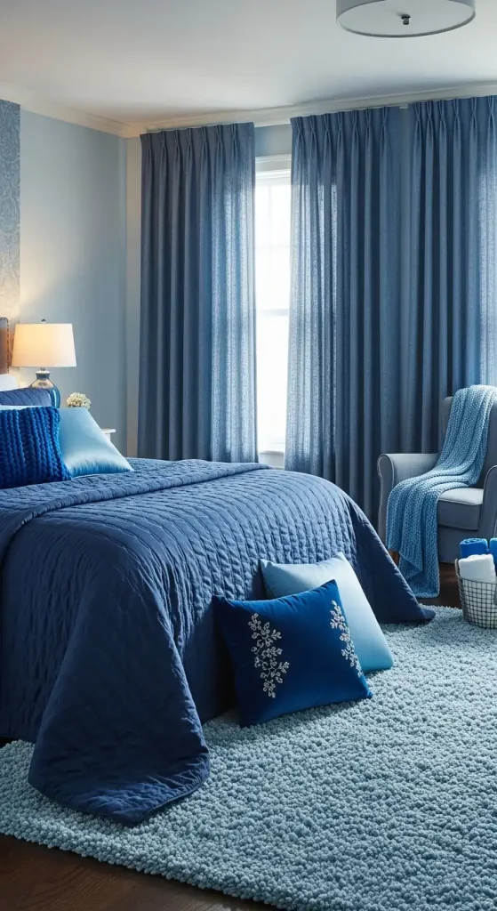 Blue bedroom with textured textiles