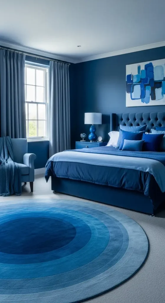Bedroom with monochromatic blue palette