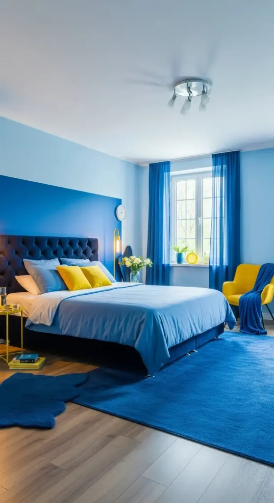Blue bedroom with yellow accents
