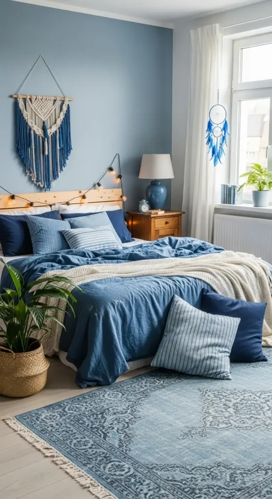 Bohemian bedroom with worn-in blue tones