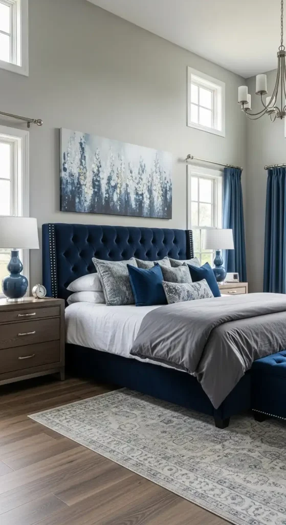 Master bedroom with blue and gray palette