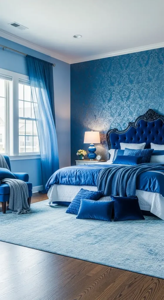 Bedroom blue wallpaper accent wall