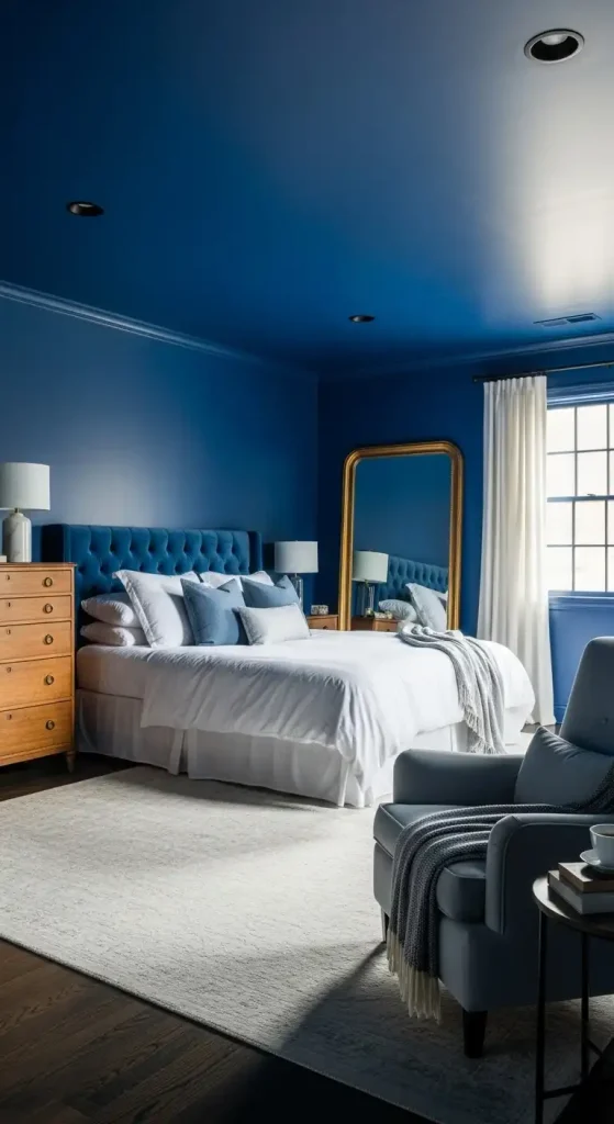 Blue painted ceiling in bedroom