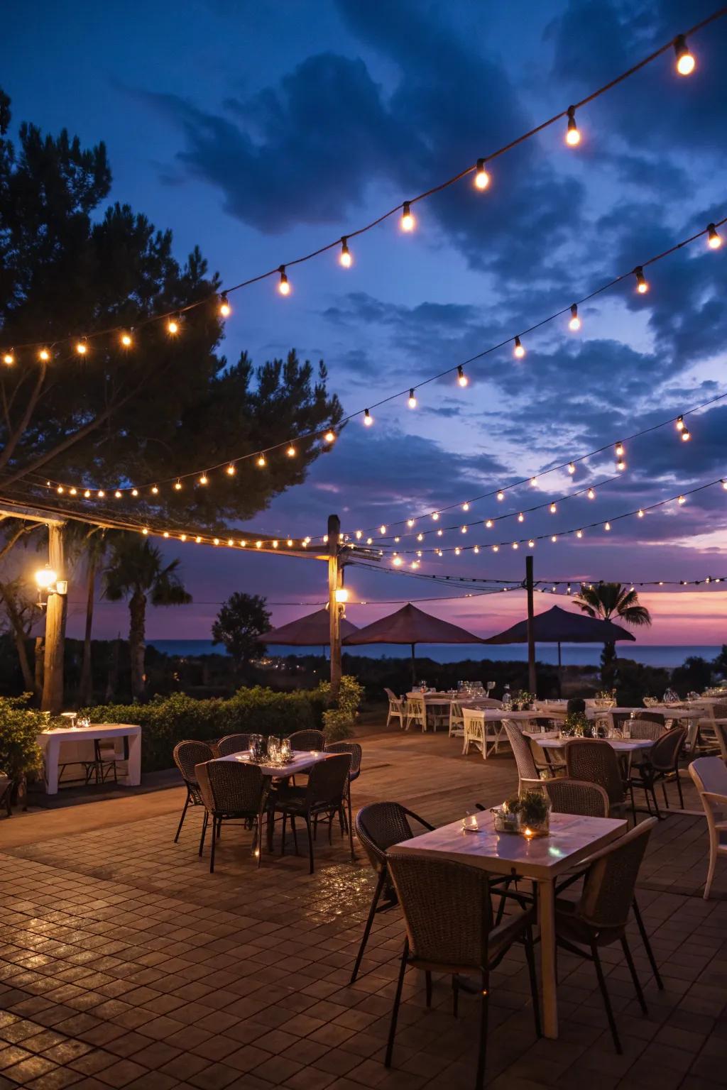 Enchanting evening ambiance with string lights.