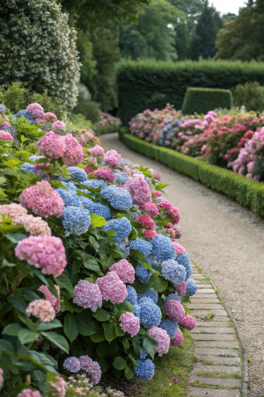Seasonal color changes in hydrangeas keep the garden dynamic.