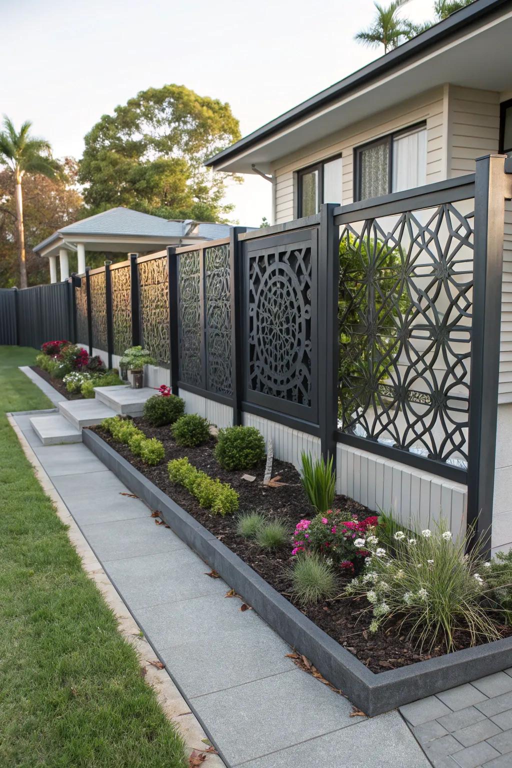 Geometric aluminum fence adds a modern artistic flair.