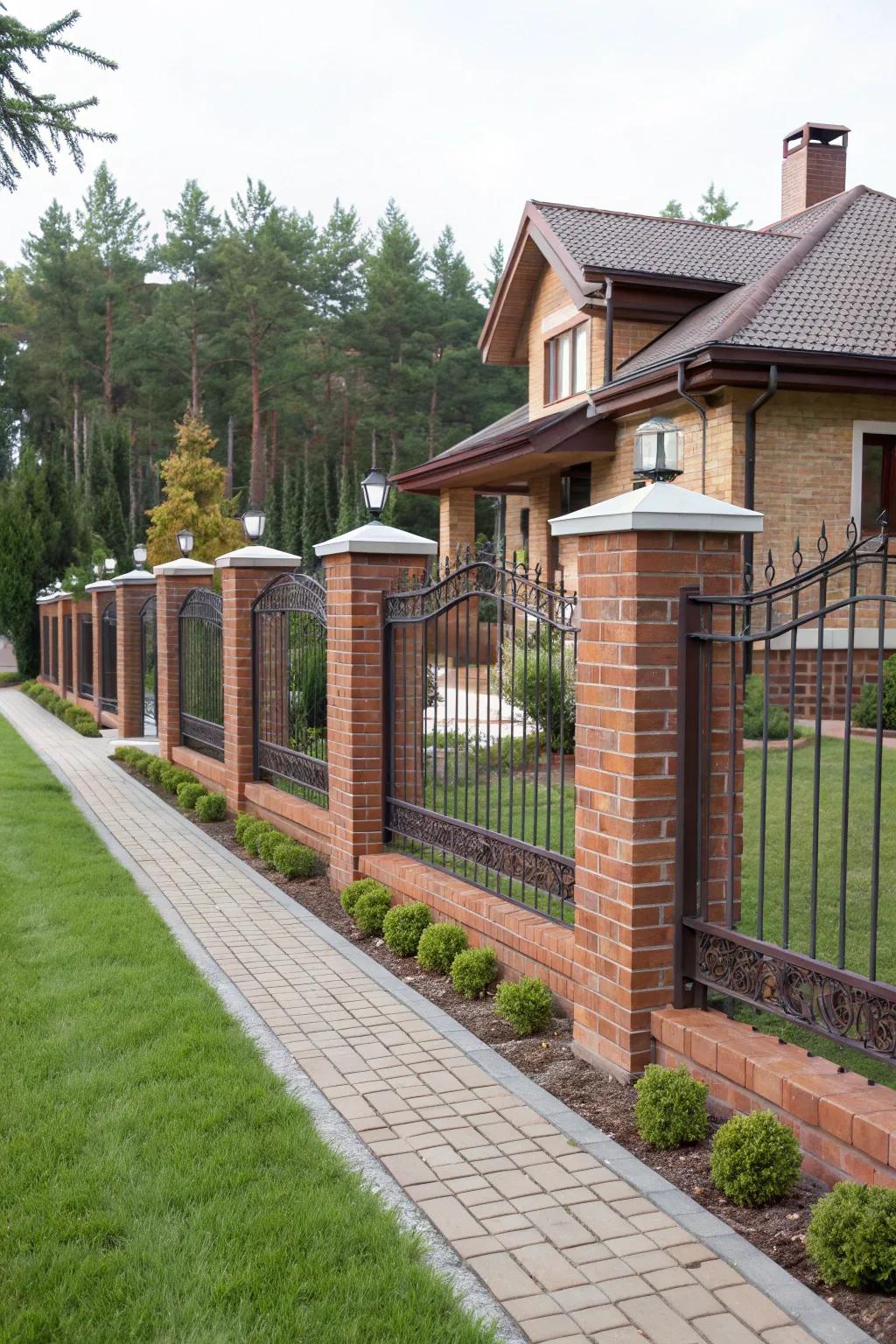 Brick pillars paired with aluminum panels create a chic fence.
