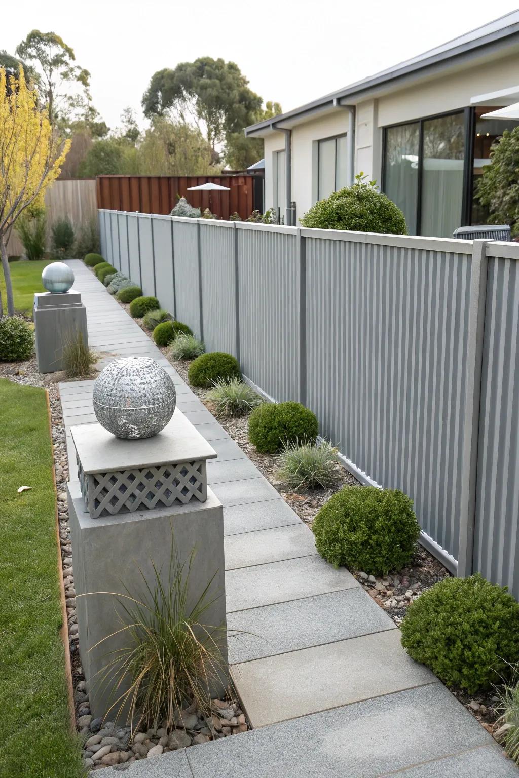 Corrugated aluminum fencing adds depth and modern texture.