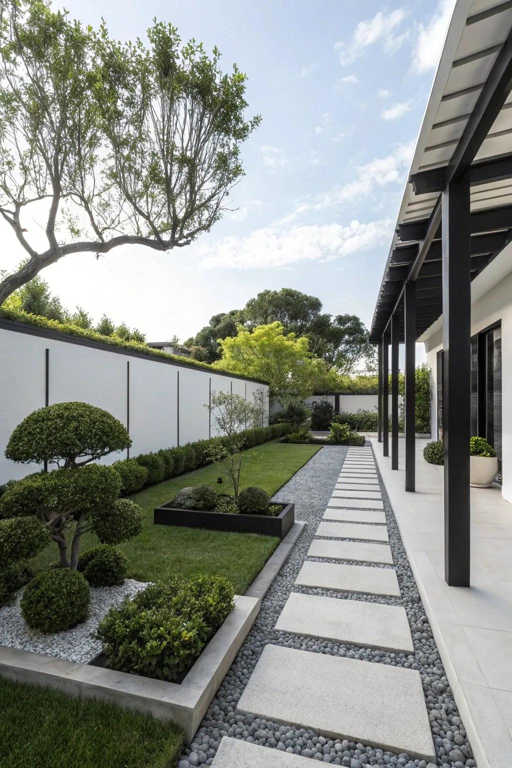 A minimalist garden with clean lines and monochrome accents.