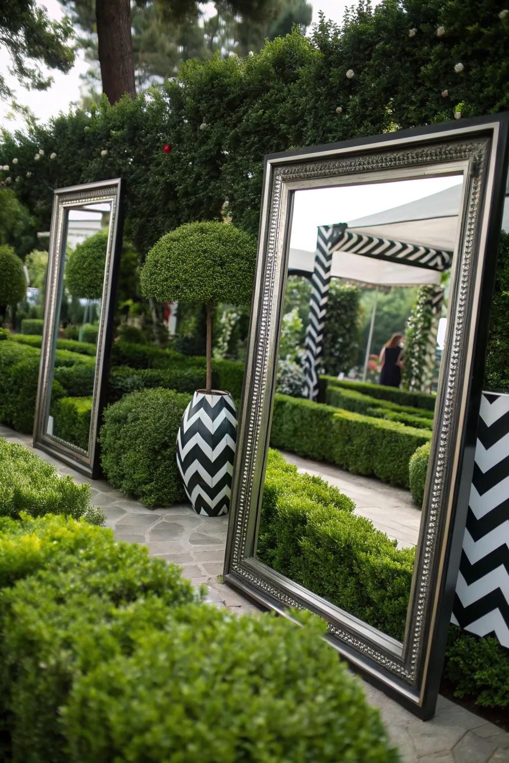 Reflective surfaces creating depth and light in the garden.