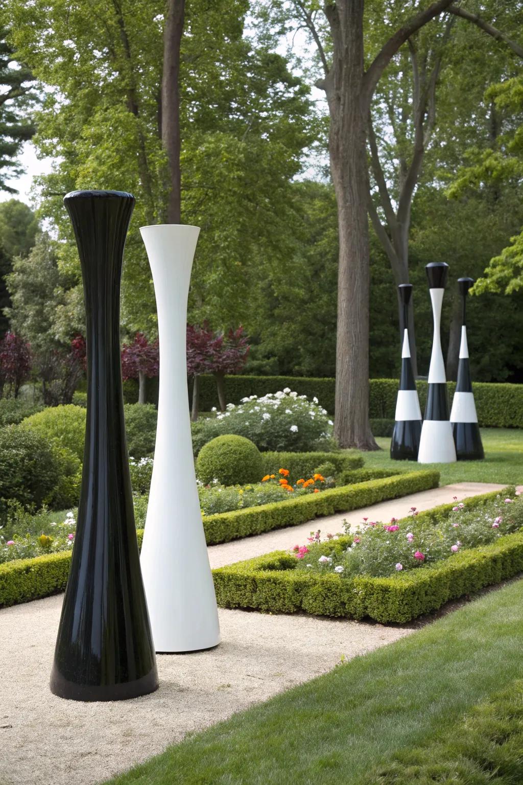 Artistic sculptures adding character to the garden.