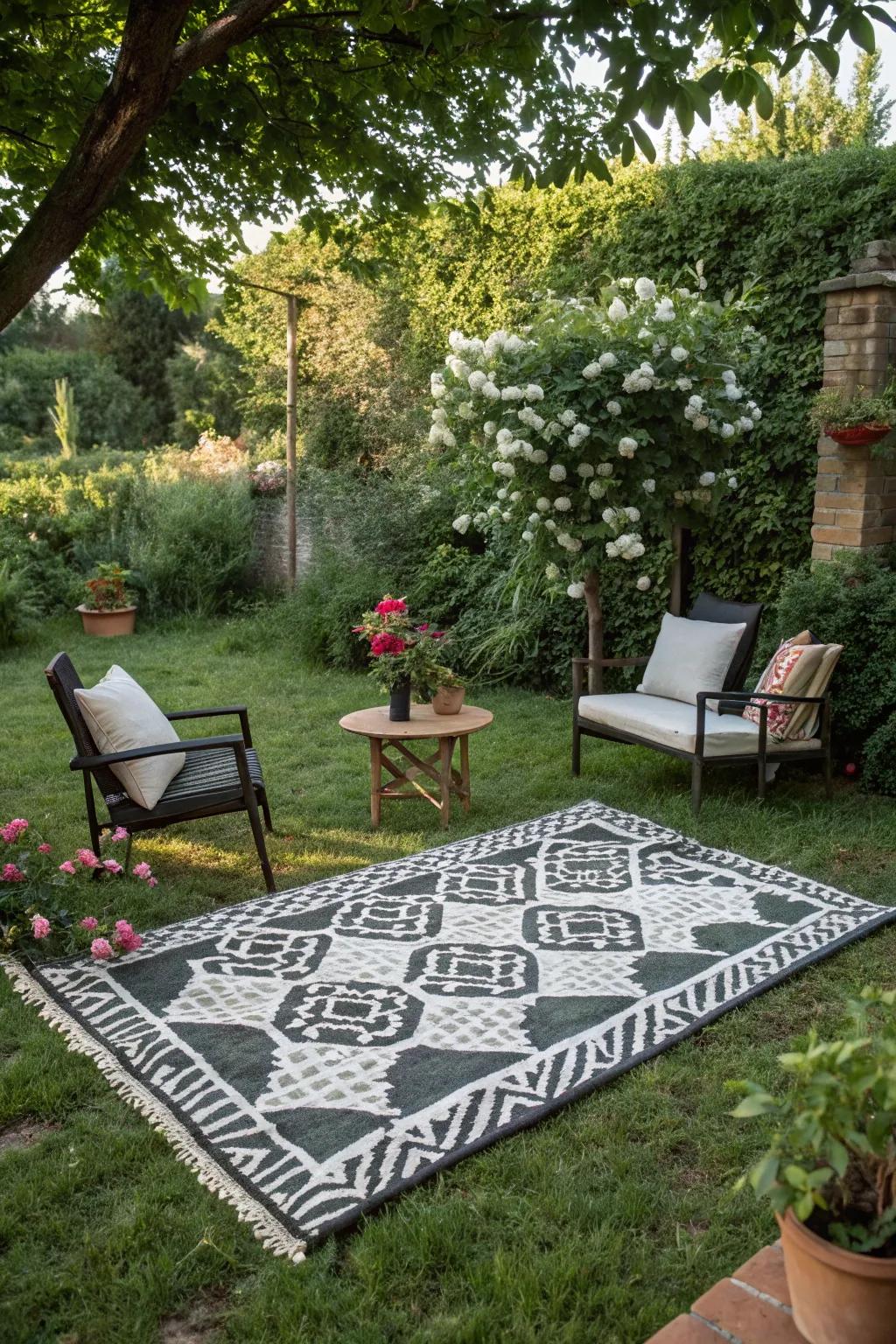 A monochrome rug that adds style and comfort to the garden.