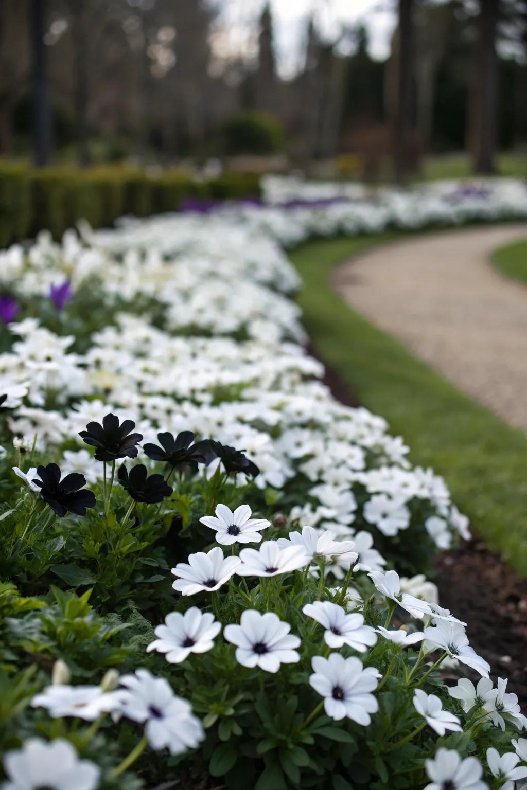 A dynamic mix of black and white blooms in a garden bed.