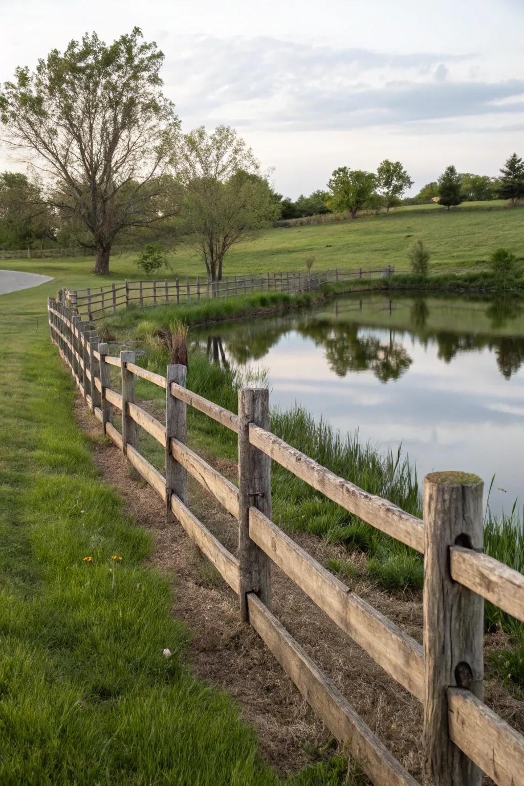 Rustic fencing adds charm and structure around the pond.