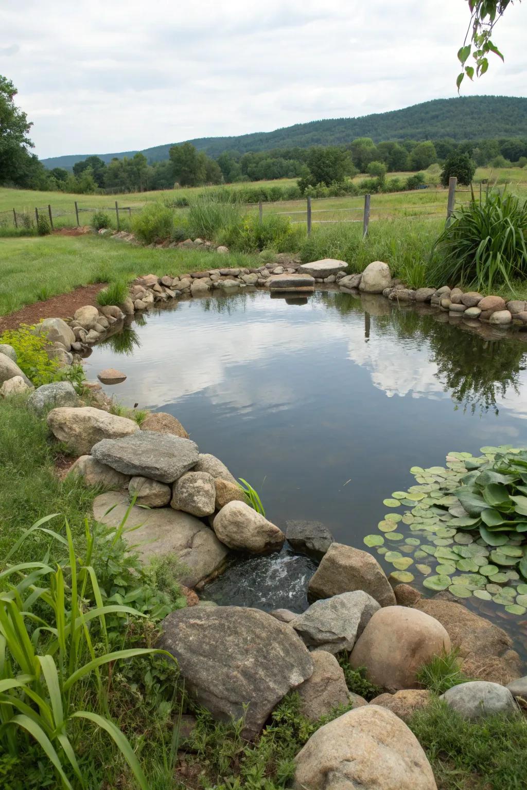 Natural rocks create a seamless integration with the farm pond environment.