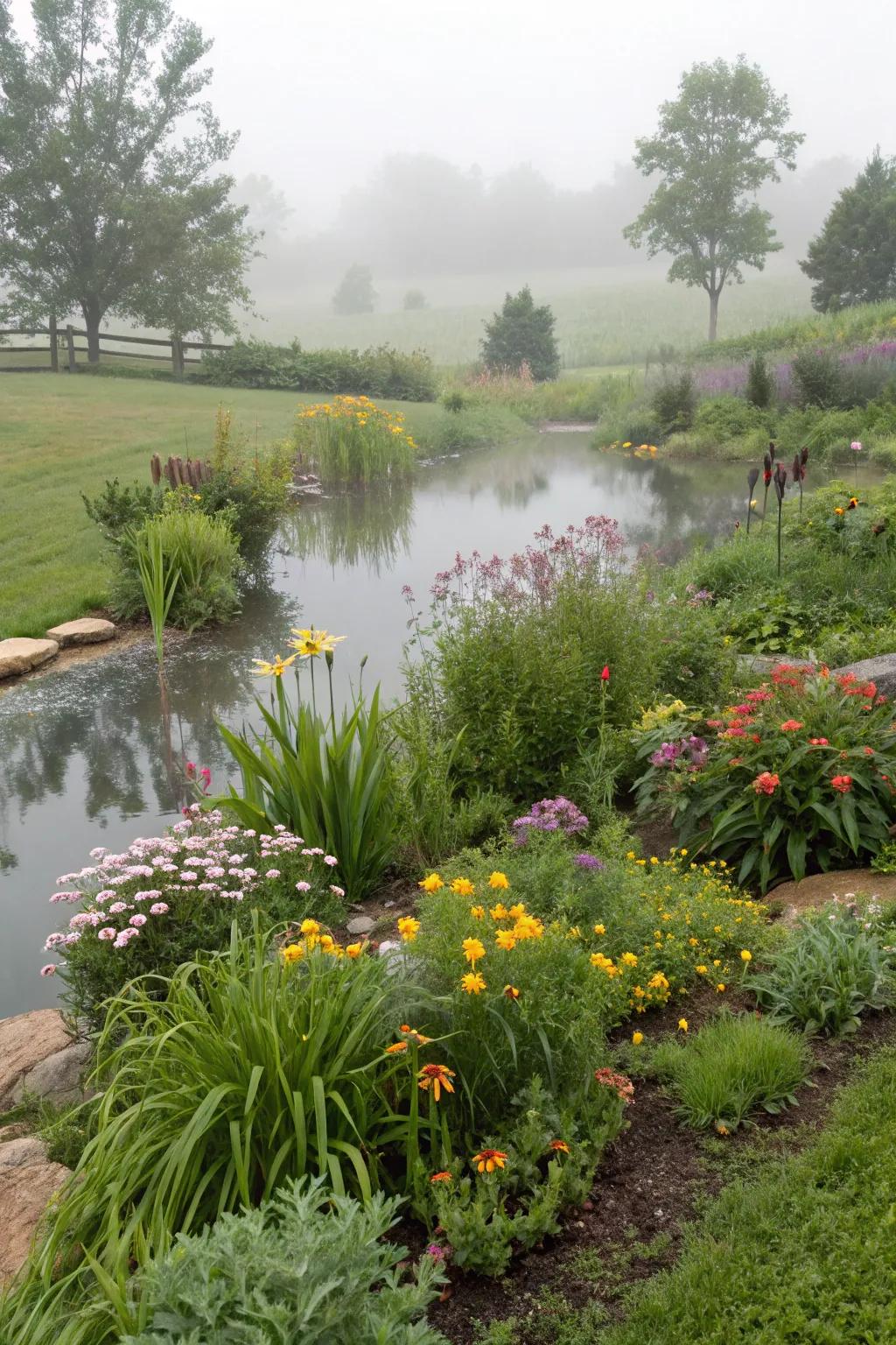 A rain garden helps manage water runoff and supports local plant life.