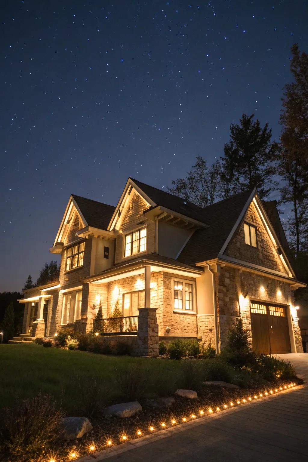 House showcasing hidden eave lighting casting a warm glow during nighttime.