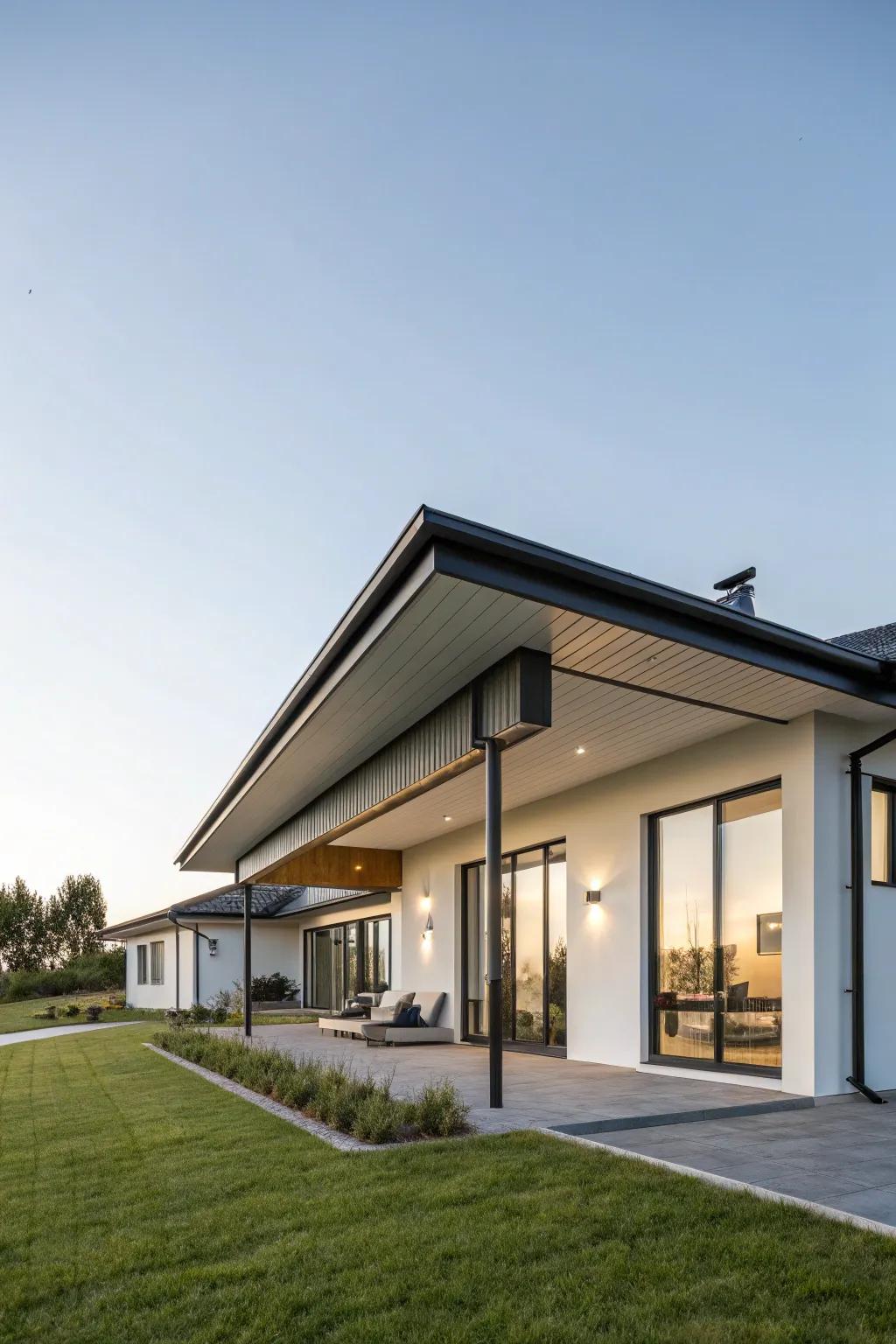 Modern architecture with minimalist eaves blending into the sky background.