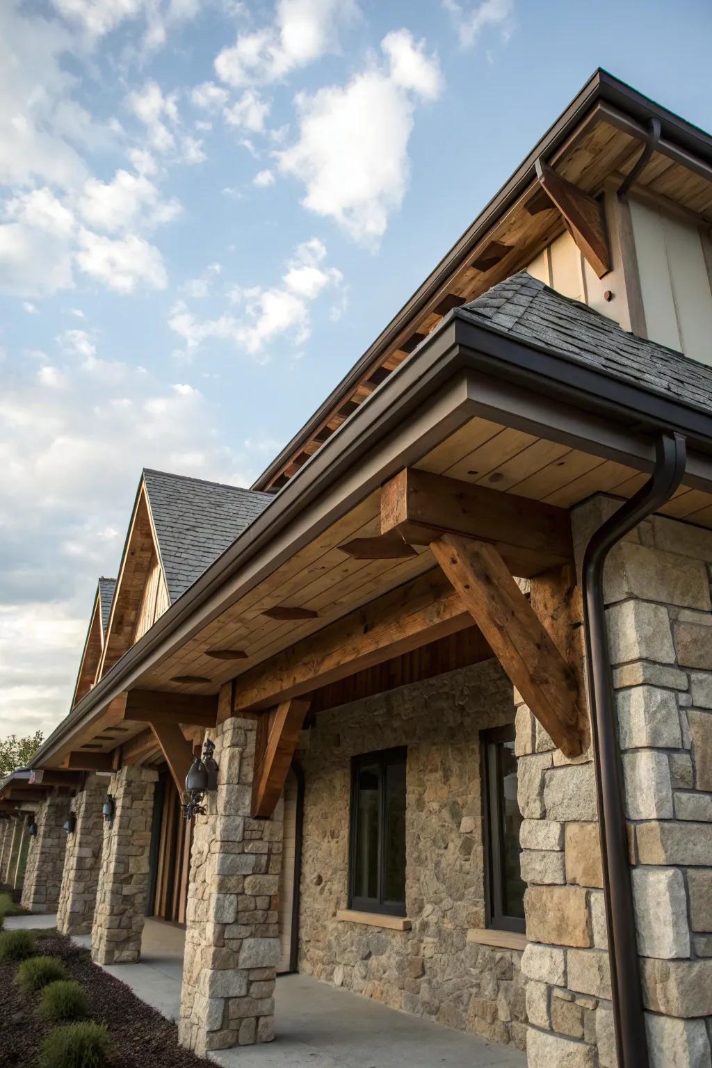 Eaves featuring natural stone detailing adding rustic charm to the facade.