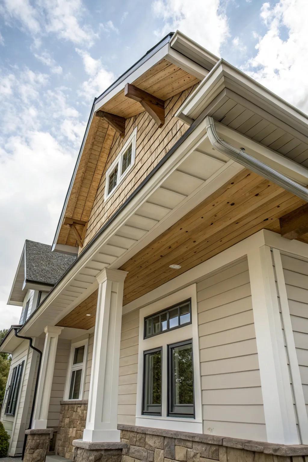 Close-up of shiplap soffits bringing texture and depth under the eaves.