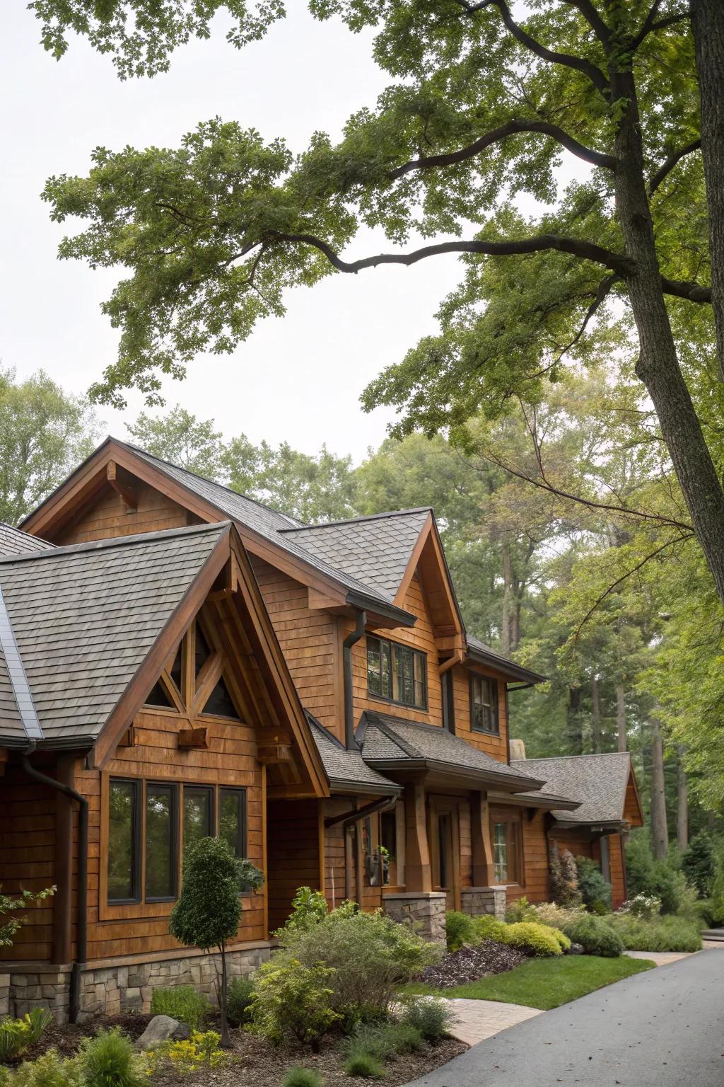 Cozy warm wood finish on eaves enhancing homely appeal.