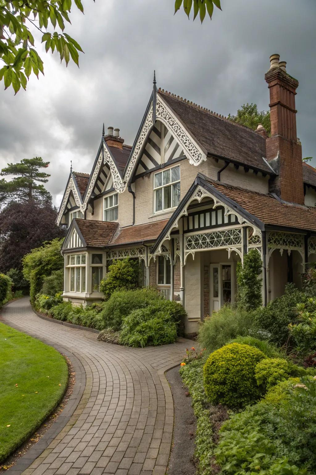 Traditional home with ornate trusses enhancing eaves’ visual appeal.
