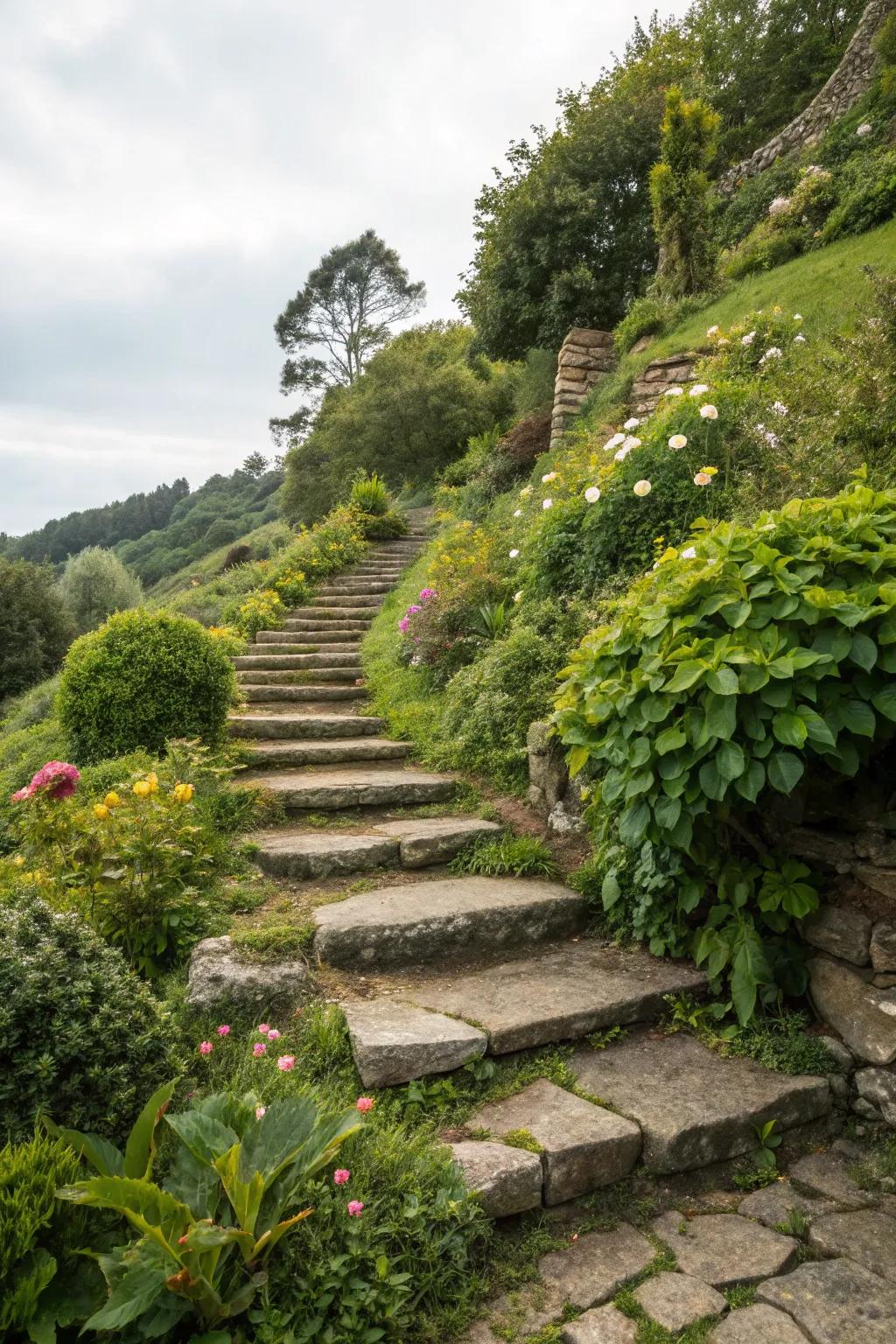 Stone stairway integrated into a hillside garden with lush plants