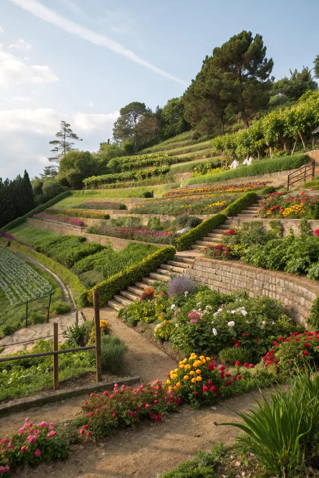 Terraced hillside garden with neatly arranged plants and flowers