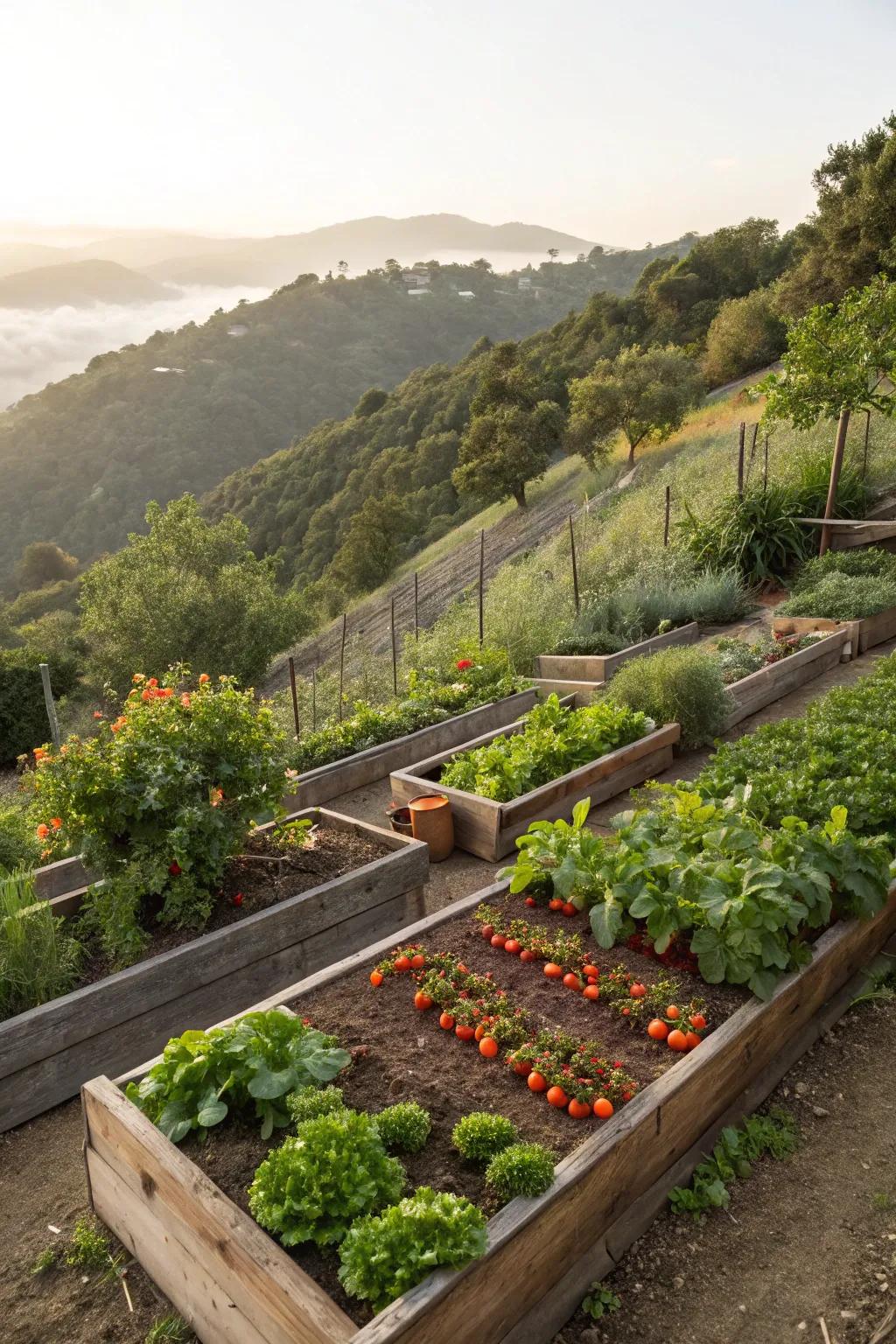 Raised garden beds on a hillside with various vegetables and herbs